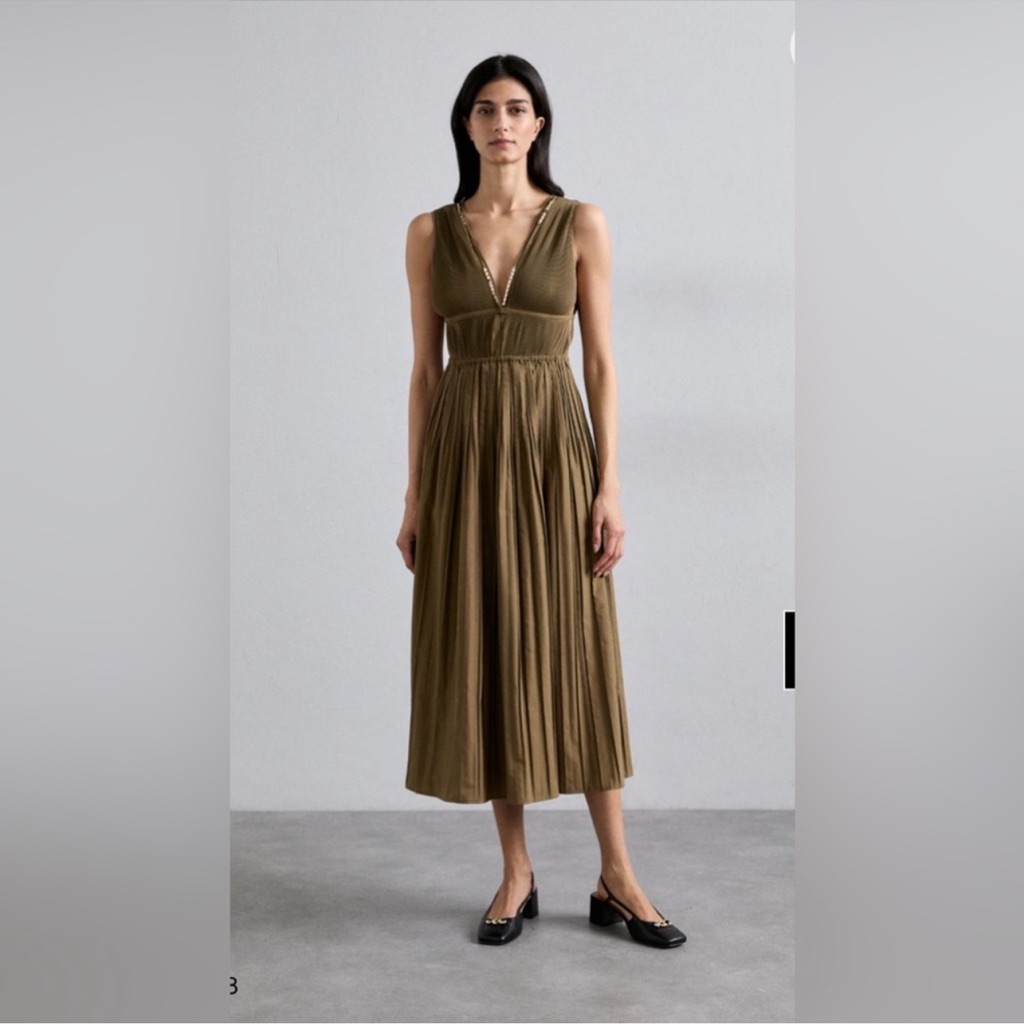 Maje Olive Green Pleated Midi Dress